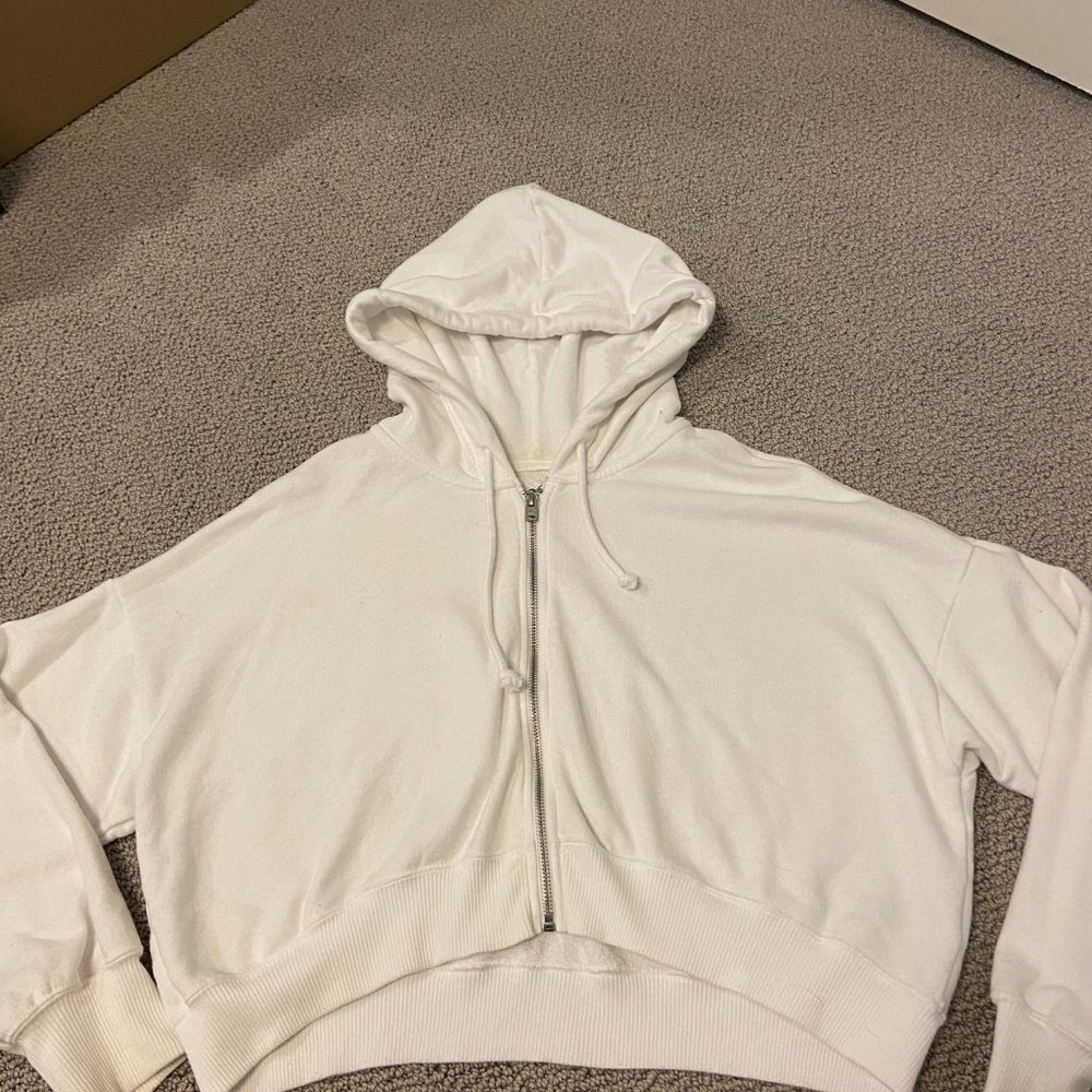 Hollister White Full Zip Cropped Hooded Sweatshirt S